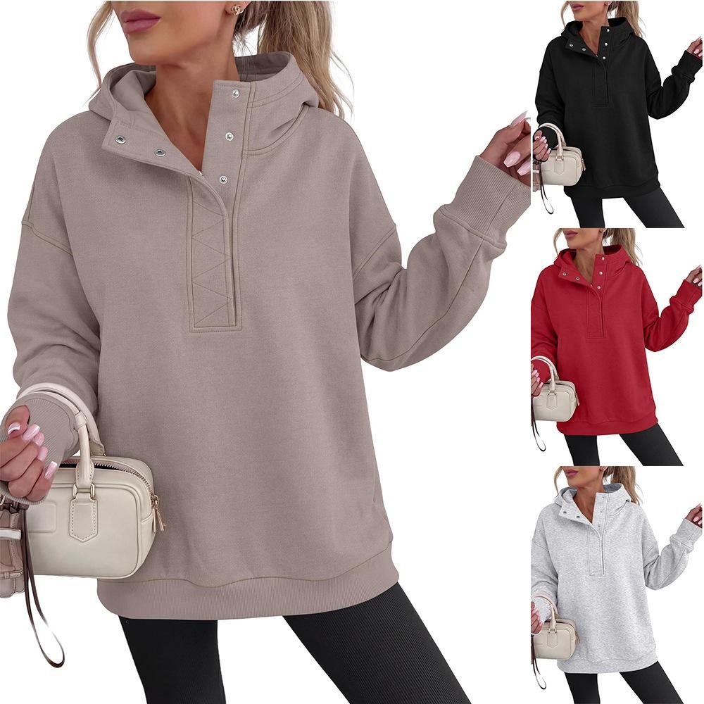 Fall/Winter New Style Women's Half-Closed Neck Buttoned Casual Loose Sweatshirt Long Sleeve Hooded Shirt