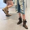 Sheepskin Version~ Korean Niche Round Head Thick Heel Cross Belt Buckle Martin Boots Folded Two Wear Cowboy Boots Women's Short Boots