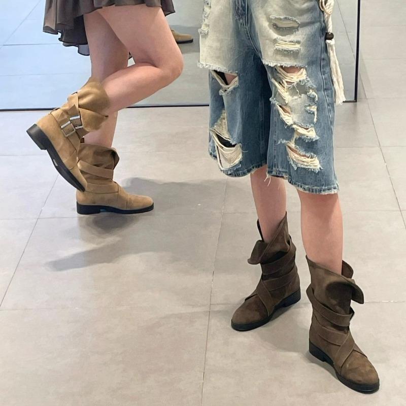 Sheepskin Version~ Korean Niche Round Head Thick Heel Cross Belt Buckle Martin Boots Folded Two Wear Cowboy Boots Women's Short Boots
