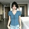 Pure desire blue V-neck lace short-sleeved T-shirt for women's summer new Korean good-looking slim-fitting thin top