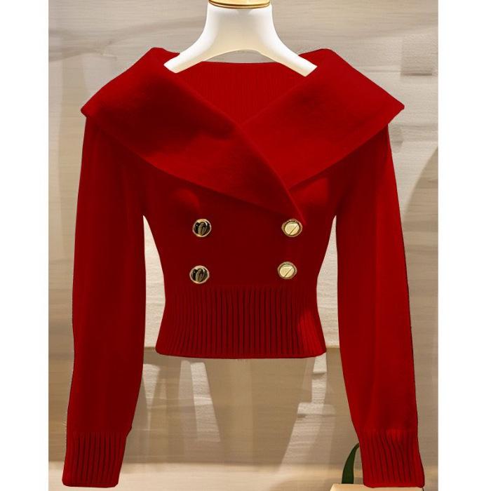 2026 Autumn/Winter French Chic White Lapel Knitwear: Women's Elegant, Waist-Cinched Slimming Sweater.