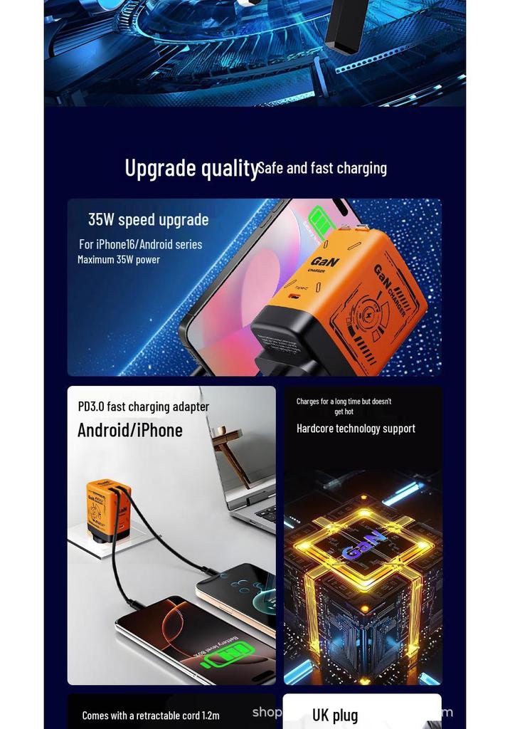35W Galliumnitrid-Ladegerät für Apple & Huawei - Typ-C & L-Port kompatibel, Tragbarer Ladekopf