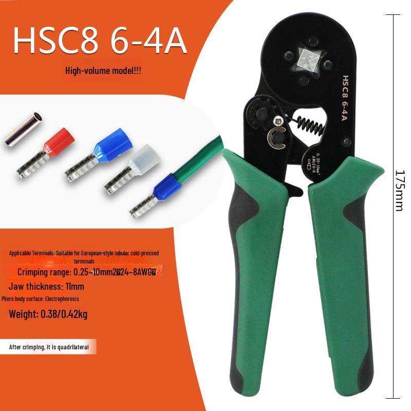 HSC8 6-4A Self-Adjusting Crimping Tool for VE Tube Terminals, 0.25-10mm Range, Quadrilateral Crimping.