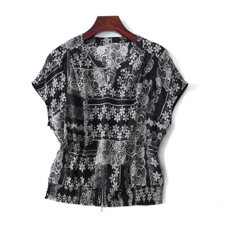 

Женская блузка из шелка с коротким рукавом, V-образным вырезом, свободного кроя с принтом, из шелка тутового дерева, сочетается с брюками. XXXL