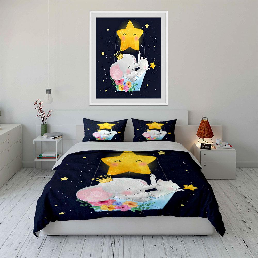 Elephant Starry Night Nursery Decor Soft Comfortable Duvet Cover Bedding Set Included 1*Duvet Cover & 2*Pillowcases, Gift