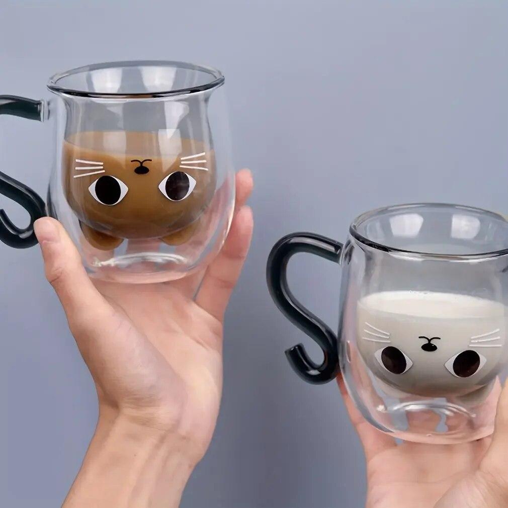 Roztomilý tvar kočky Sklenice na šálek Dvoustěnné izolované sklenice Šálek na espresso Hrnček na kávu Čaj Mléko Nejlepší dárek pro kancelář a osobního přítele