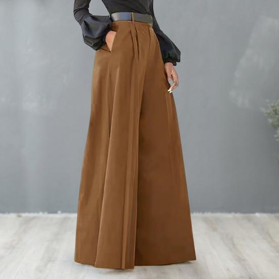 Women Solid Color Wide Leg Pants High Waist Pockets Flared Trousers Elegant Commuting Casual Long Pants Workwear