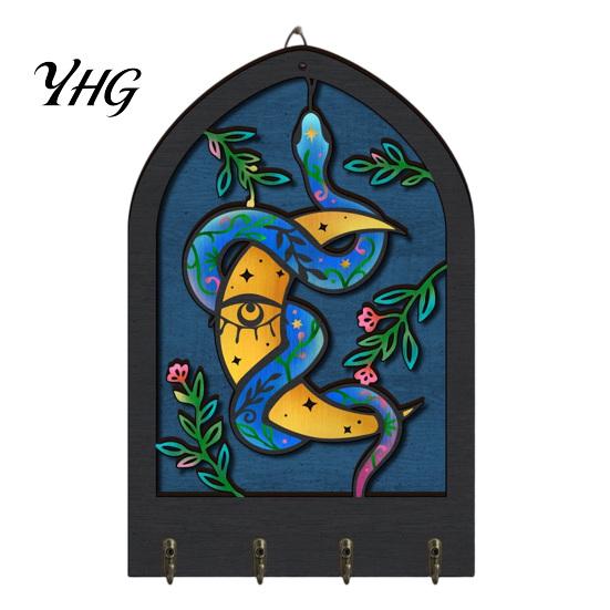 Entryway Organizer for Keys Bohemian Wooden Key Hanger, Decorative Wall Mounted Holder with 4 Metal Artistic Hooks Small Items Hooks, Hanging