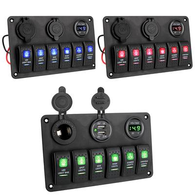 ON/OFF Lights LED Digital Voltmeter DC 12V/24V Car Marine Circuit Breaker Waterproof Dual USB Ports 6 Gang Rocker Switch Panel