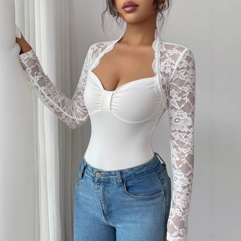 

Весняний Новий Стиль В язана Футболка з Довгим Рукавом, Тонка, з мереживними вставками, Топи для Жінок S білий