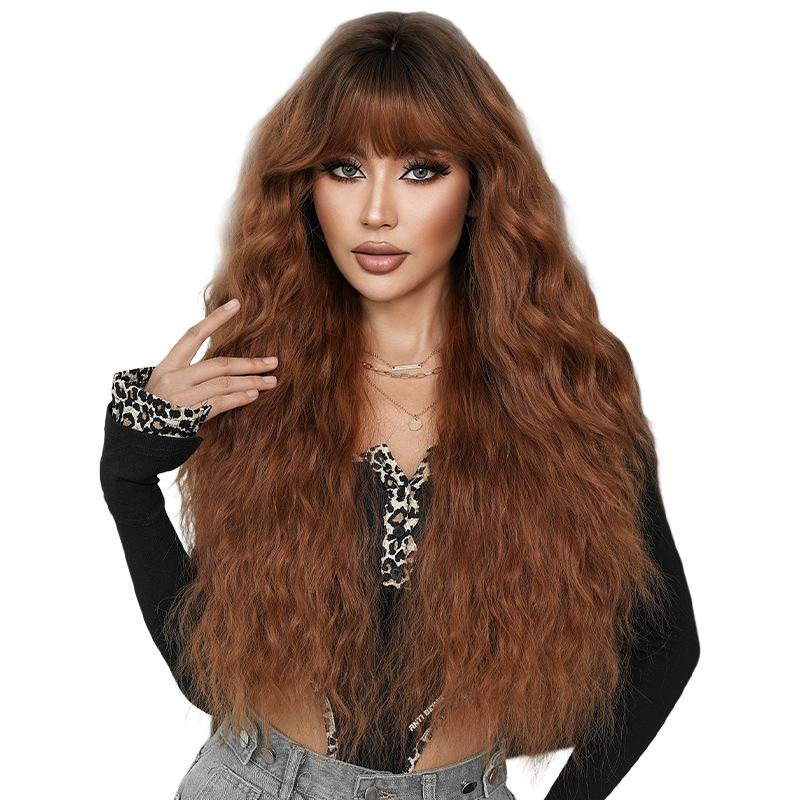 Foreign Trade Caramel Red Brown Wig Women's Long Hair European American Feng Shui Wavy Curly Fashionable Spicy Girl Full Head Set