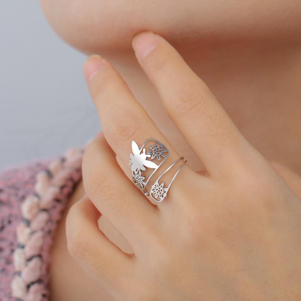 Xiaomi Skyrim Bee Flowers Open Rings Women Stainless Steel Adjustable Finger Ring Fashion Jewelry Valentine's Day Gift Wholesale