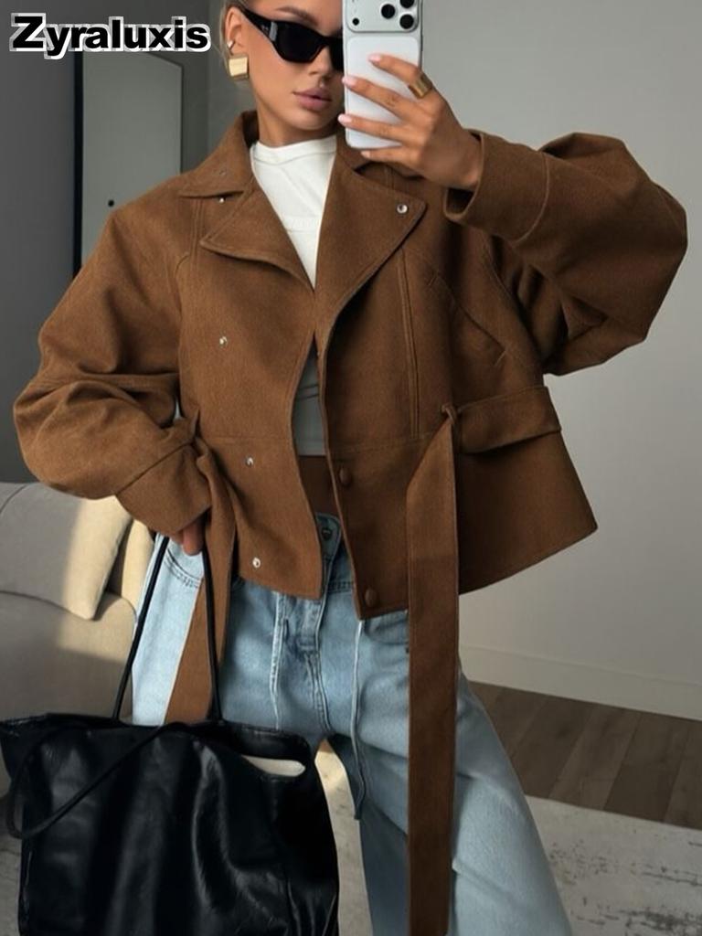 Women's Spring New Fashion Stand Collar Belted Short Jacket for Petite Size