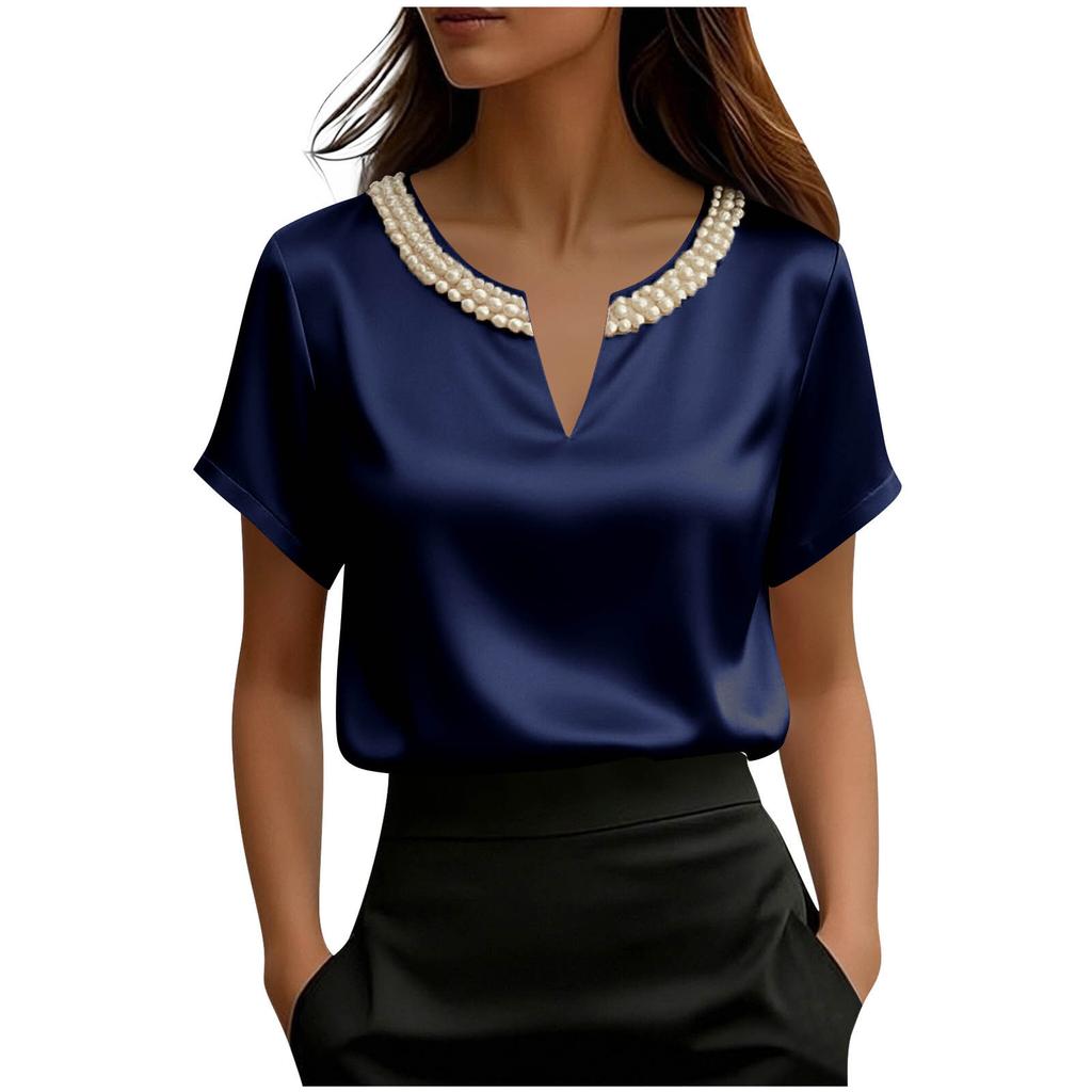 Top da Donna alla Moda a Vestibilità Larga Francese Raso Raso Collo di Perle Manica Corta