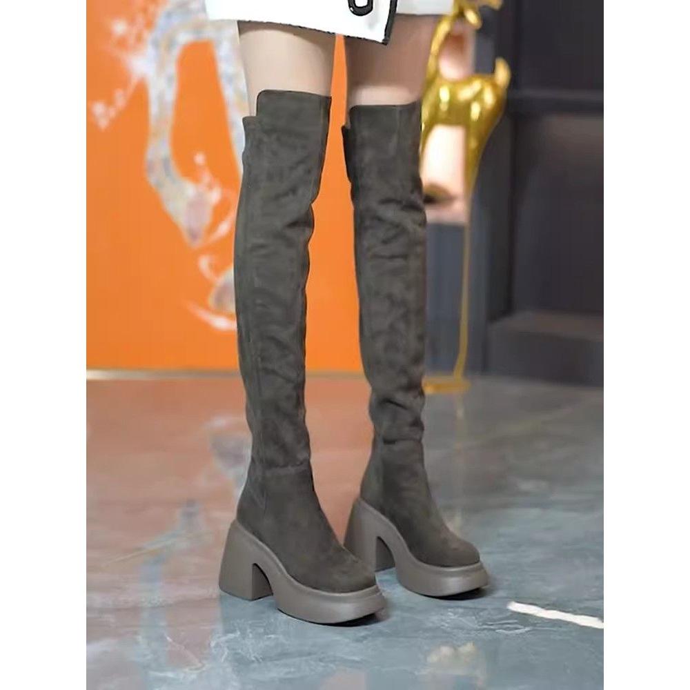 Damskor Chunky-klack Över knäet - Rund tå, Elastiska, Smickrande, Tjock sula, Höst/Vinter 2025 Kollektion.