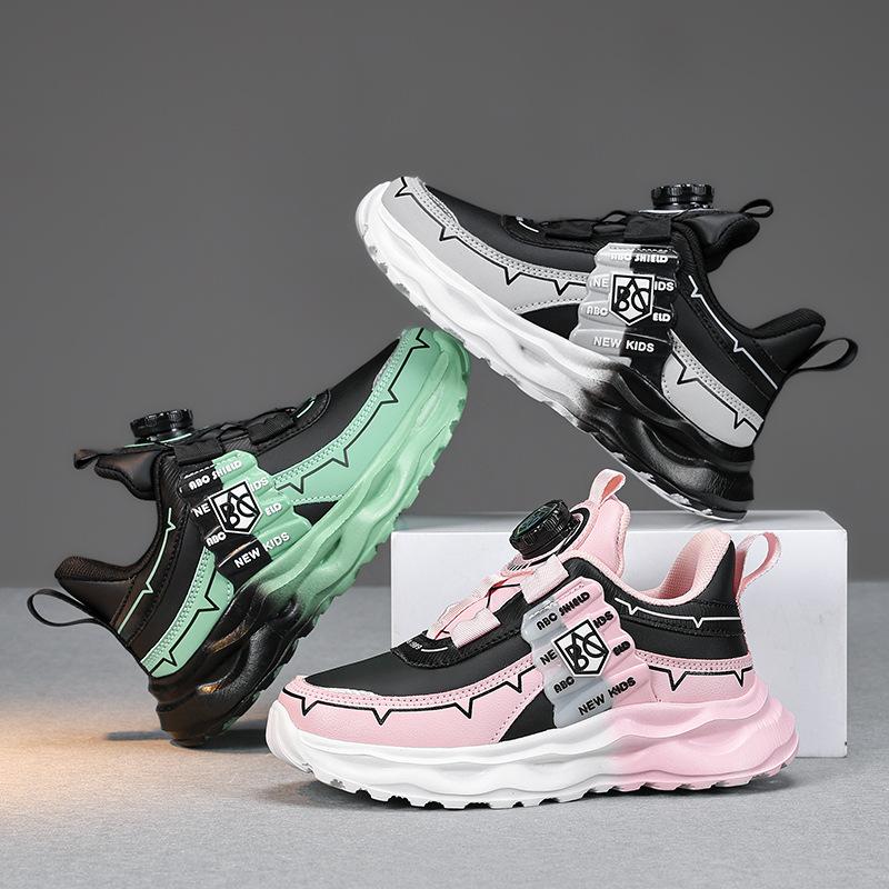 Factory direct sales 2025 winter children's sports shoes rotating buckle leather surface wear-resistant middle and older children's running shoes kids