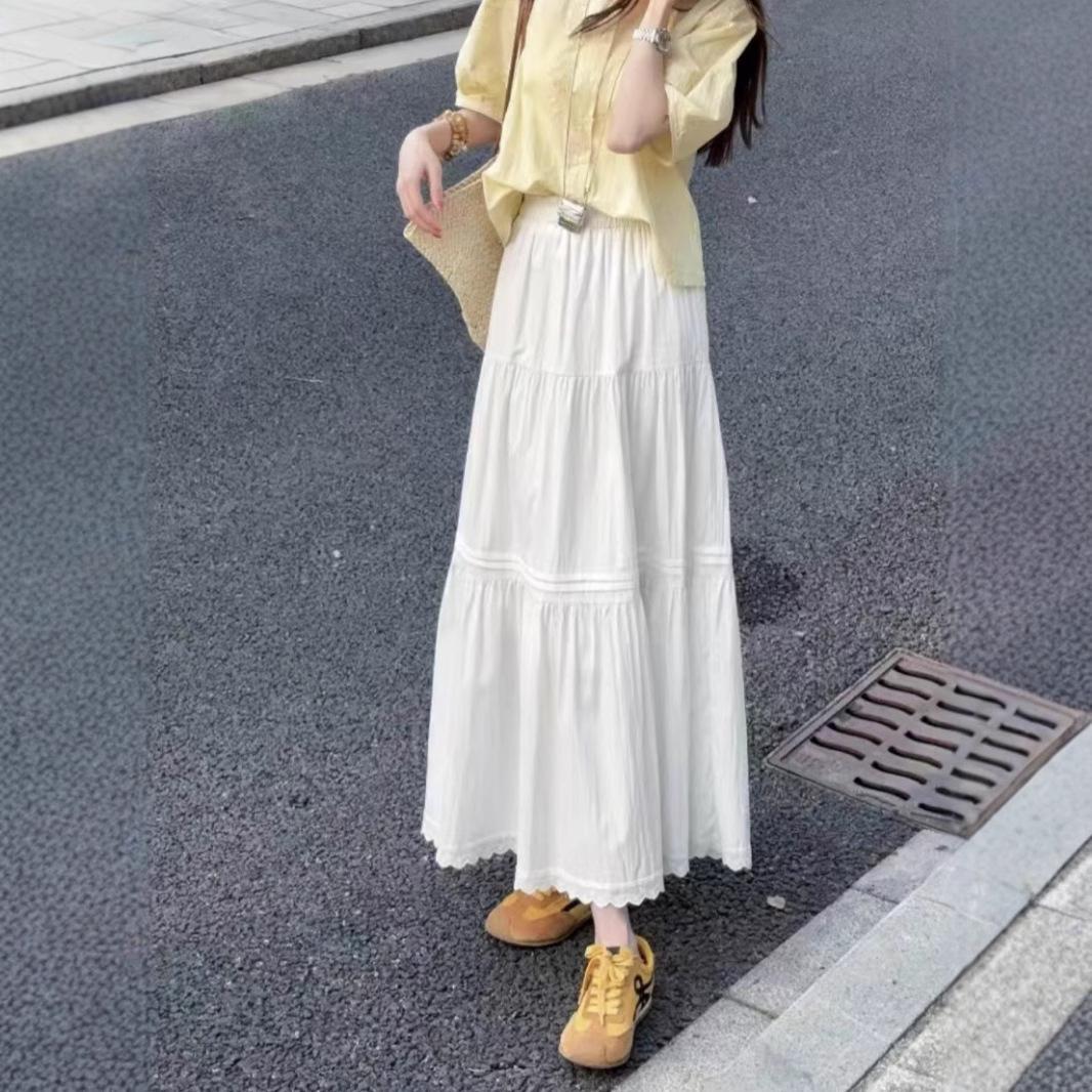 

Women s White High Waist Pleated Lace Patchwork Midi Skirt - Summer A-Line Swing M