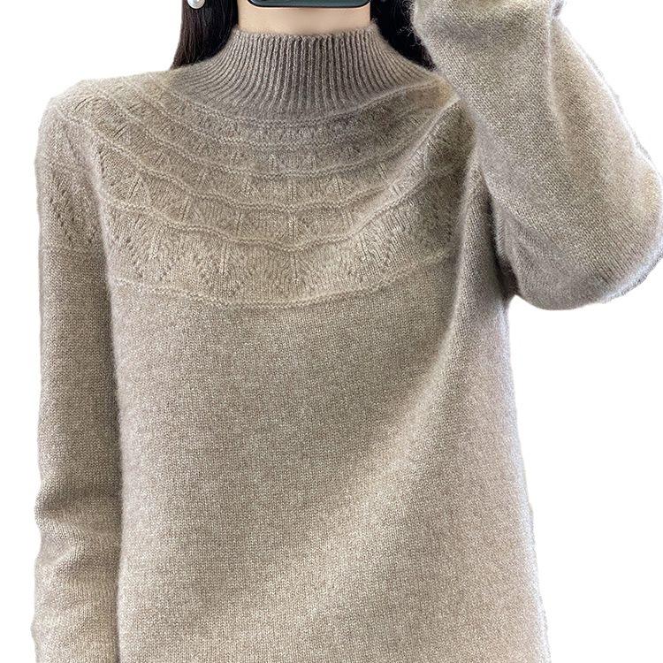 Seamless Knit Semi High Neck Women Long Sleeve Sweater Loose Fit Slimming Pullover Top