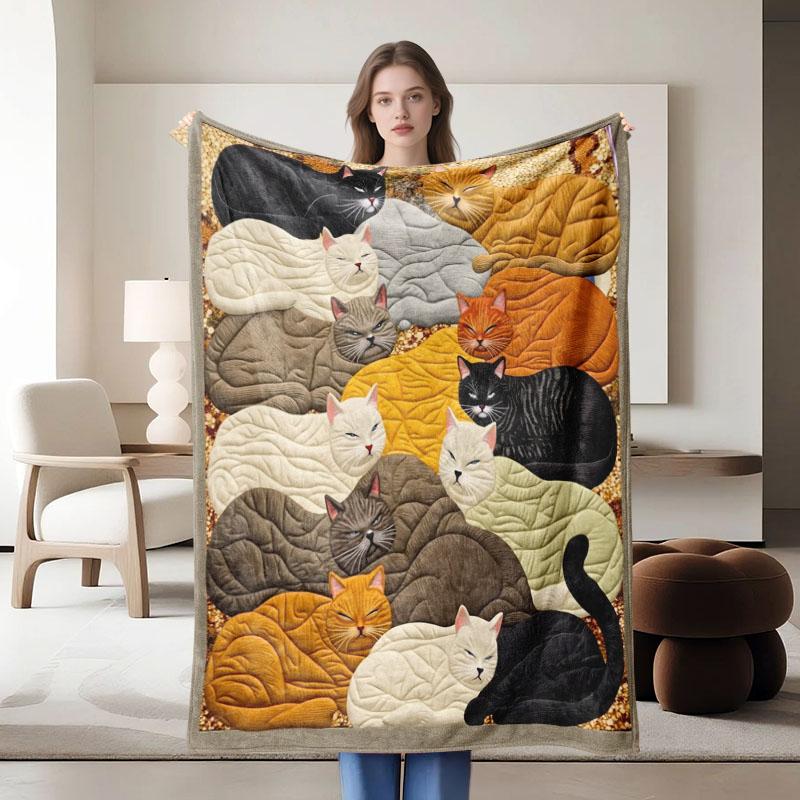 1 piece cat-themed flannel blanket, soft and cozy, suitable for sofa, bed, office, all-season use, featuring warm colors.