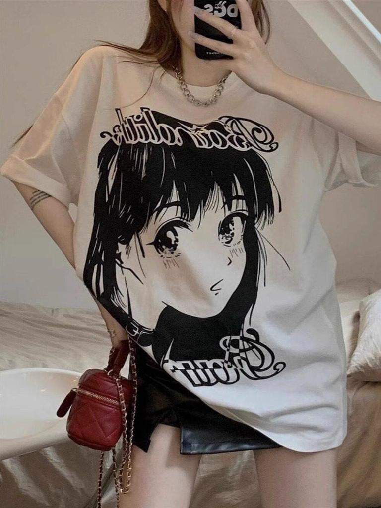 Plus Size Retro Cartoon Girl Print Cotton T-shirt - Loose Fit, Short Sleeve