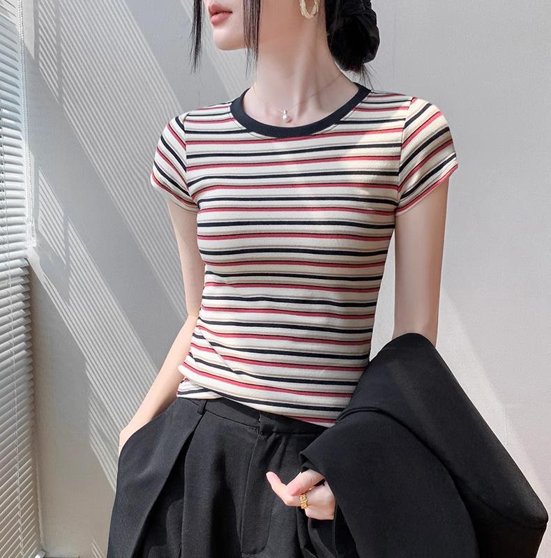 French versatile slim-fitting short-sleeved T-shirt women s summer Korean version of round neck contrasting striped short top tide M