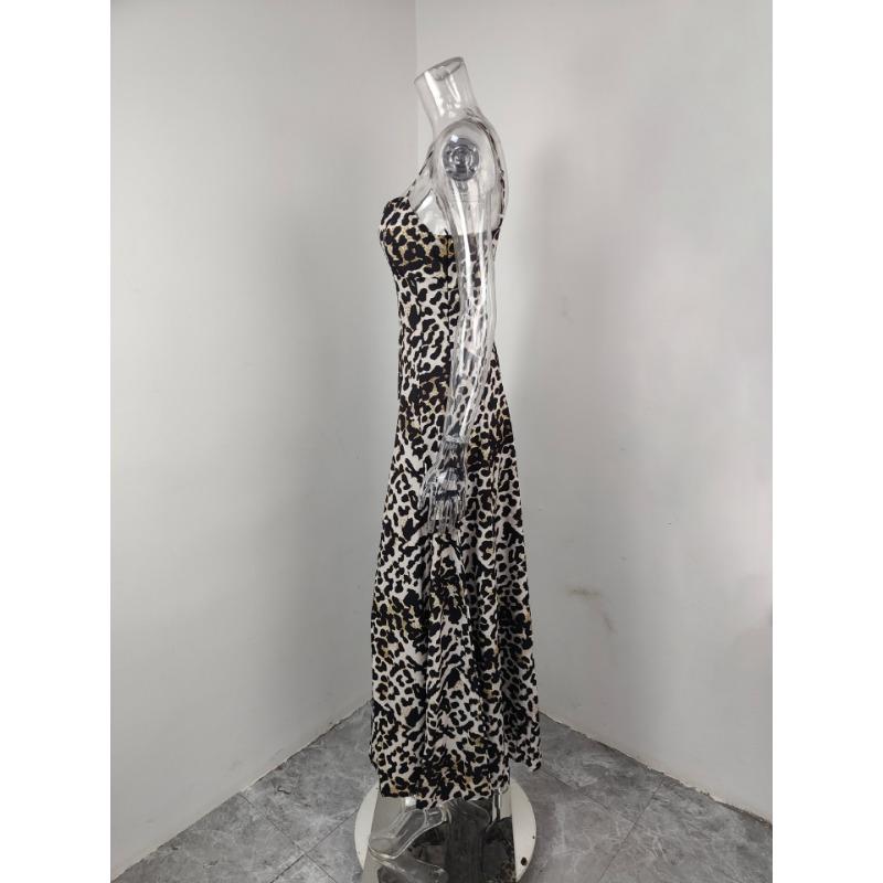 Women Fashion Sexy Leopard Print High Waist Spaghetti Strap Long Dress