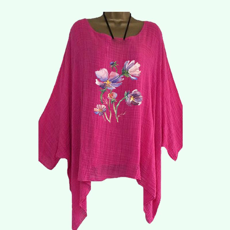 Übergröße DamenDünnes Baumwollleinenhemd Frühling&Sommer Lässig O-Ausschnitt Locker Langarm Top Damenmode Blumendruck Langes Hemd
