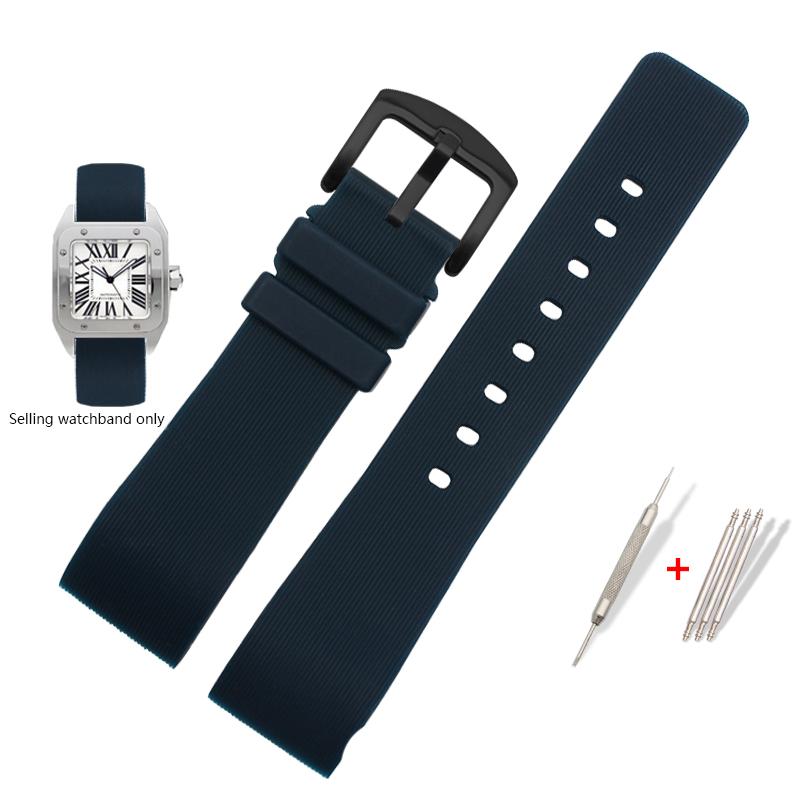 Watch Strap for Cartier Sandoz Santos 100 W20073X8 W20106X8 W2020008 Silicone Rubber Bracelet Men Women Black Belt 20 23 25mm