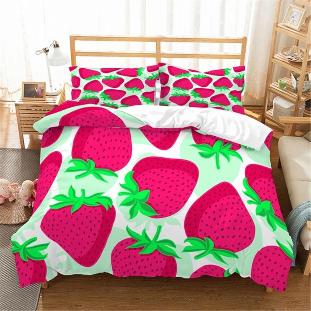 Strawberry Duvet Cover Set Cartoon Pink Fruit Print Comforter Cover Set for Boy Girl Teen Sweet Strawberry Room Decor Bedding