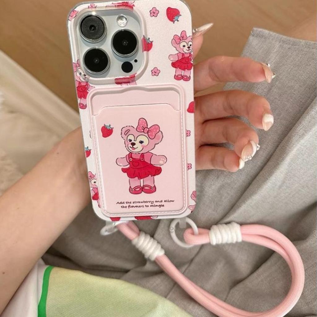 Bolsa de Cartão com Cordão Pendurado Capa de Telefone Saia Vermelha Urso para Apple 17PROMAX Casal Furo Grande Capa de Telefone Bolsa de Cartão Simples