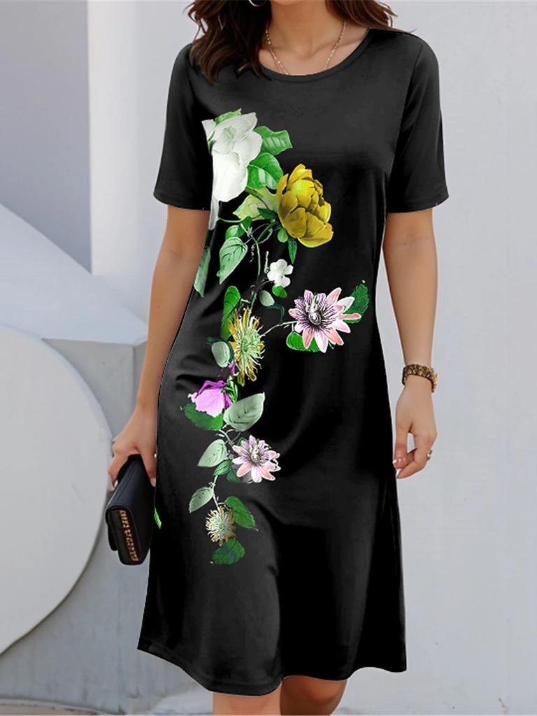 Damen Casual Lange Kleider Sommer Vintage Stil Weiblicher O-Ausschnitt Blumen Bedruckt Bequem Knielang mit Taschen Übergröße S-5XL