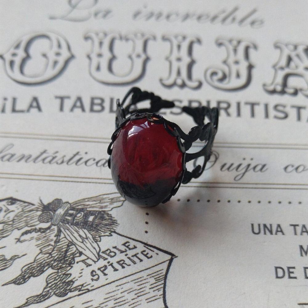 Gothic Black Hollow Out Metal Red Black Glass Crystal Adjustable Opening Wide Rings for Women Men Retro Finger Jewelry Accessory