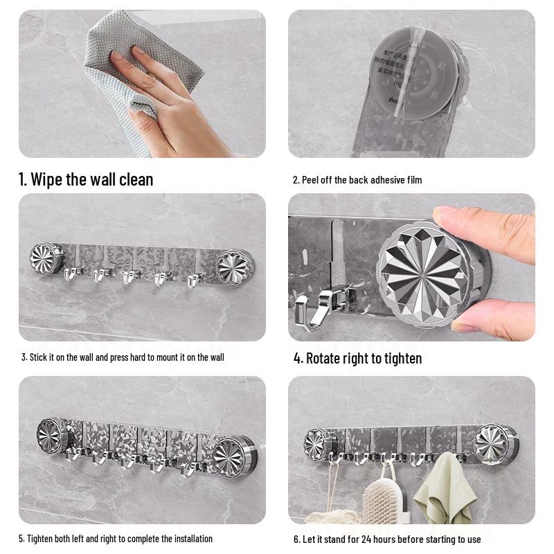 Punch-Free Suction Cup Bathroom Wall Hooks - Five-Row Adhesive, Traceless, Door Storage Rack