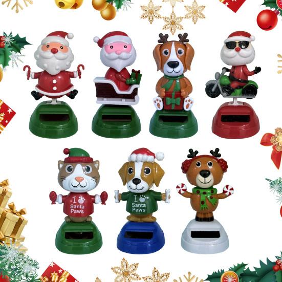 No Battery Solar Toys Powered Dancing Car Ornament, Creative Dashboard Christmas Cartoon Figure for Miniature Holiday Desktop Ornaments Auto Interior