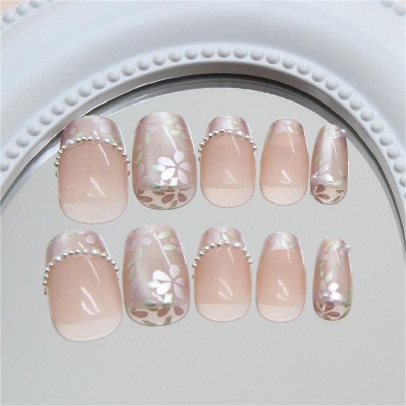 24 Pcs French Tip Press On Nail Cats Eye False Nail Pearls Flowers Acrylic Nail Short Full Cover Stick on Nail