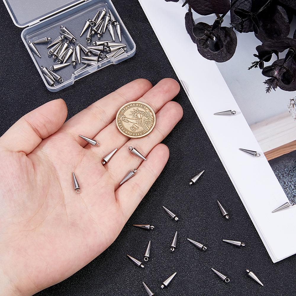 60Pcs 201 Stainless Steel Pendants Cone Charms Stainless Steel Color 15x4mm Hole: 1.8mm