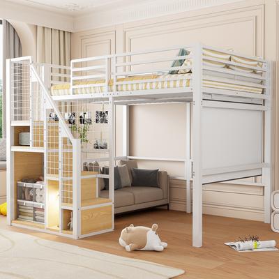 Hoogslaper met Veiligheidsladder 140*200, Kinderbed met IJzeren Frame en Plankenoppervlak, Tienerbed, Wit