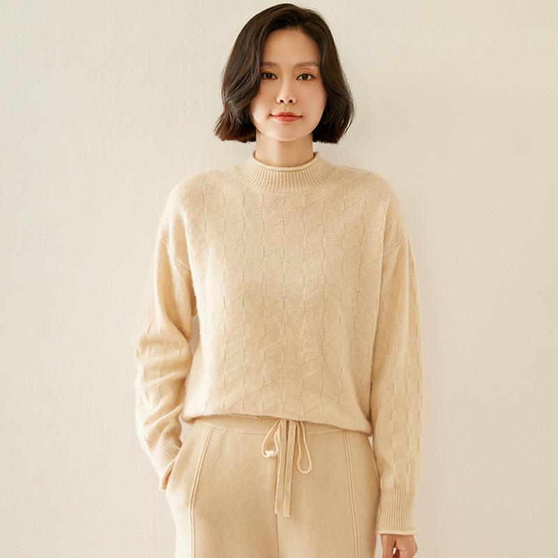 Rolled-Edge Semi-High Neck Cashmere Sweater, 2025 Autumn/Winter Women's Jacquard Knit Pullover
