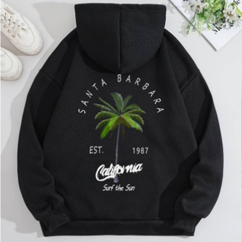 Topuri cu glugă largi cu imprimeu arbore de nucă de cocos pentru femei Bluză hanorac casual cu mânecă lungă