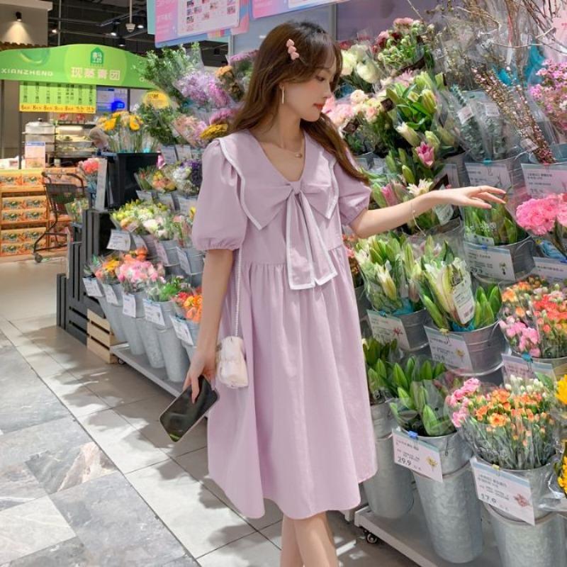 Small Fresh and Sweet Age-reducing Maternity Dress Women's Summer Bow Doll Collar Loose and Thin Large Size Maternity Dress