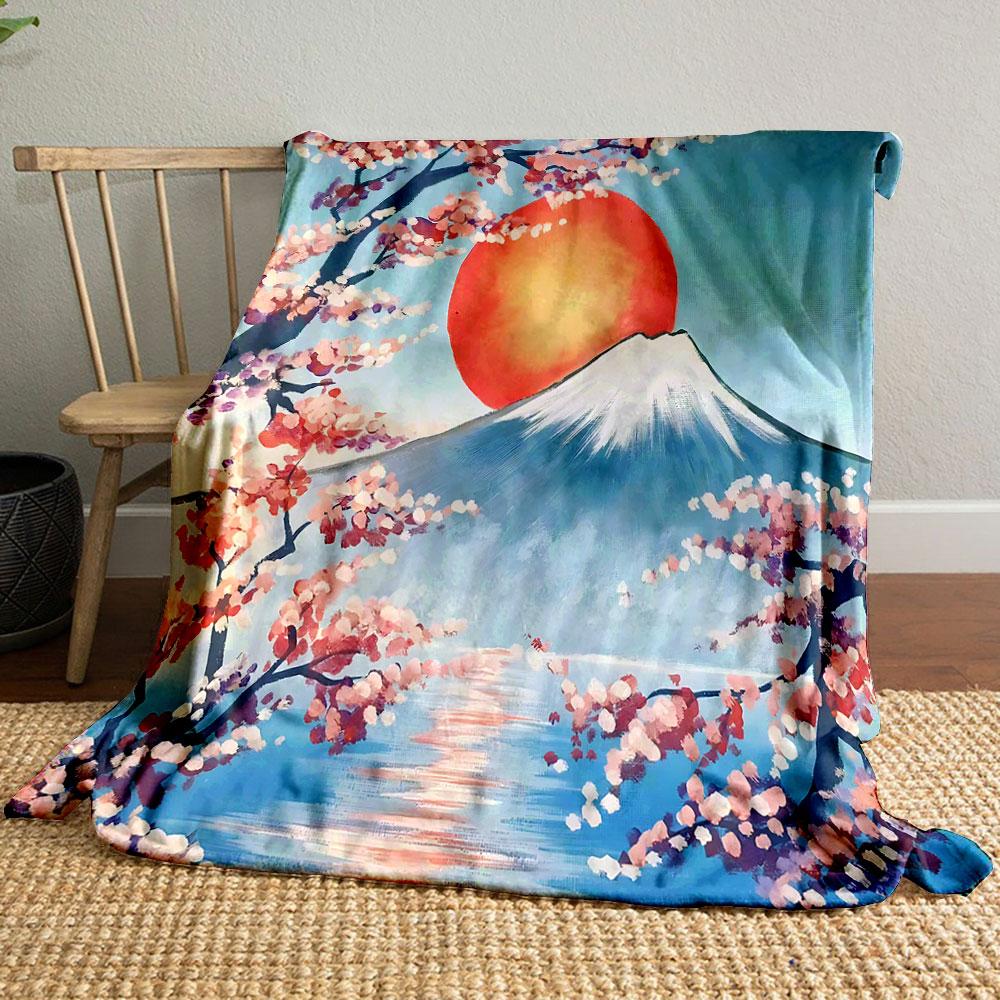 Mount Fuji with Cherry Blossoms Sunset Print Blanket Soft and Cozy Perfect for the Living Room Bed Sofa or a Nap,gift