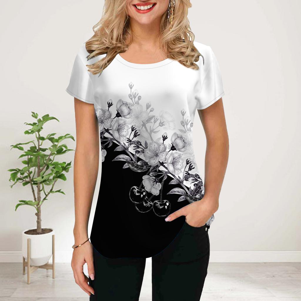 Women Summer T Shirt Blue Pearl Rose Print Short Sleeve Tees Casual Printed Tops