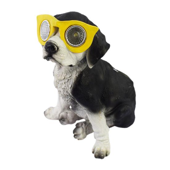 Solar Dog Statue with Glasses Resin Puppy Solar Lamp Garden Decor Solar Powered Dog Light for Home Yard Patio Lawn Pathway