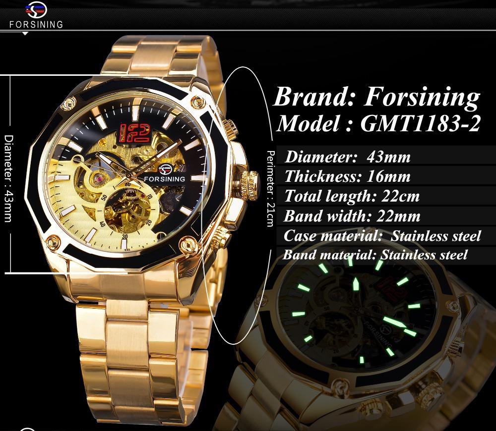 Luxuriöse mechanische Armbanduhren, goldenes Skelett-Zifferblatt, Edelstahlstreifen, automatische Uhren für Männer, transparente Uhr