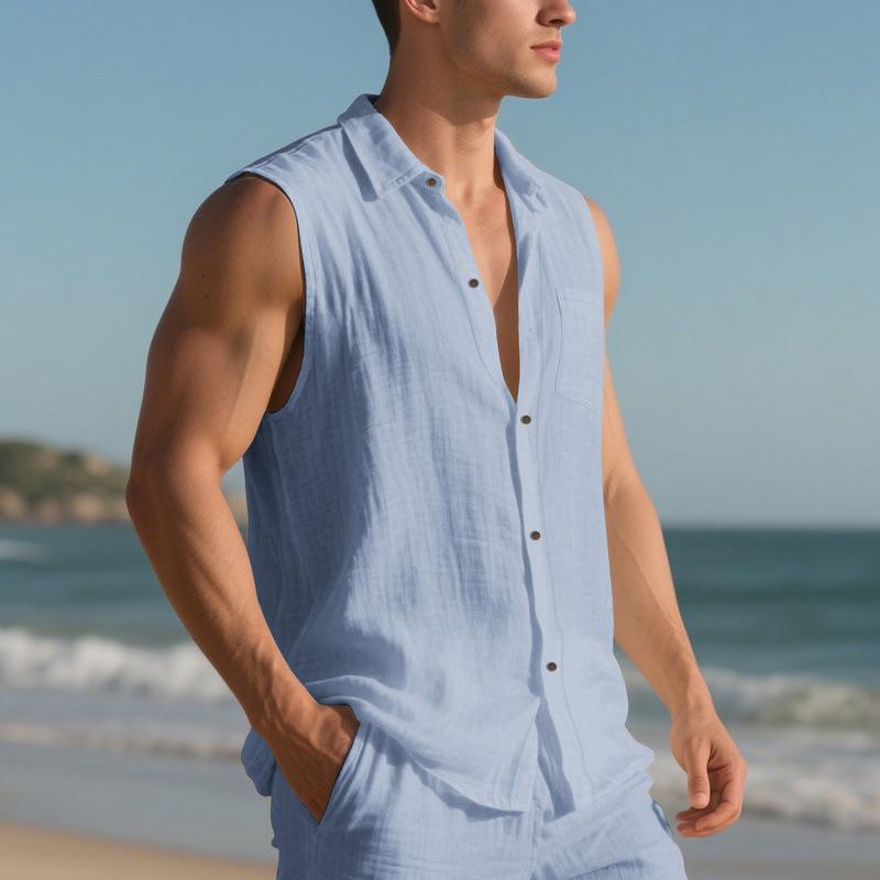 New linen solid color shirt men's summer sleeveless loose casual lapel vest
