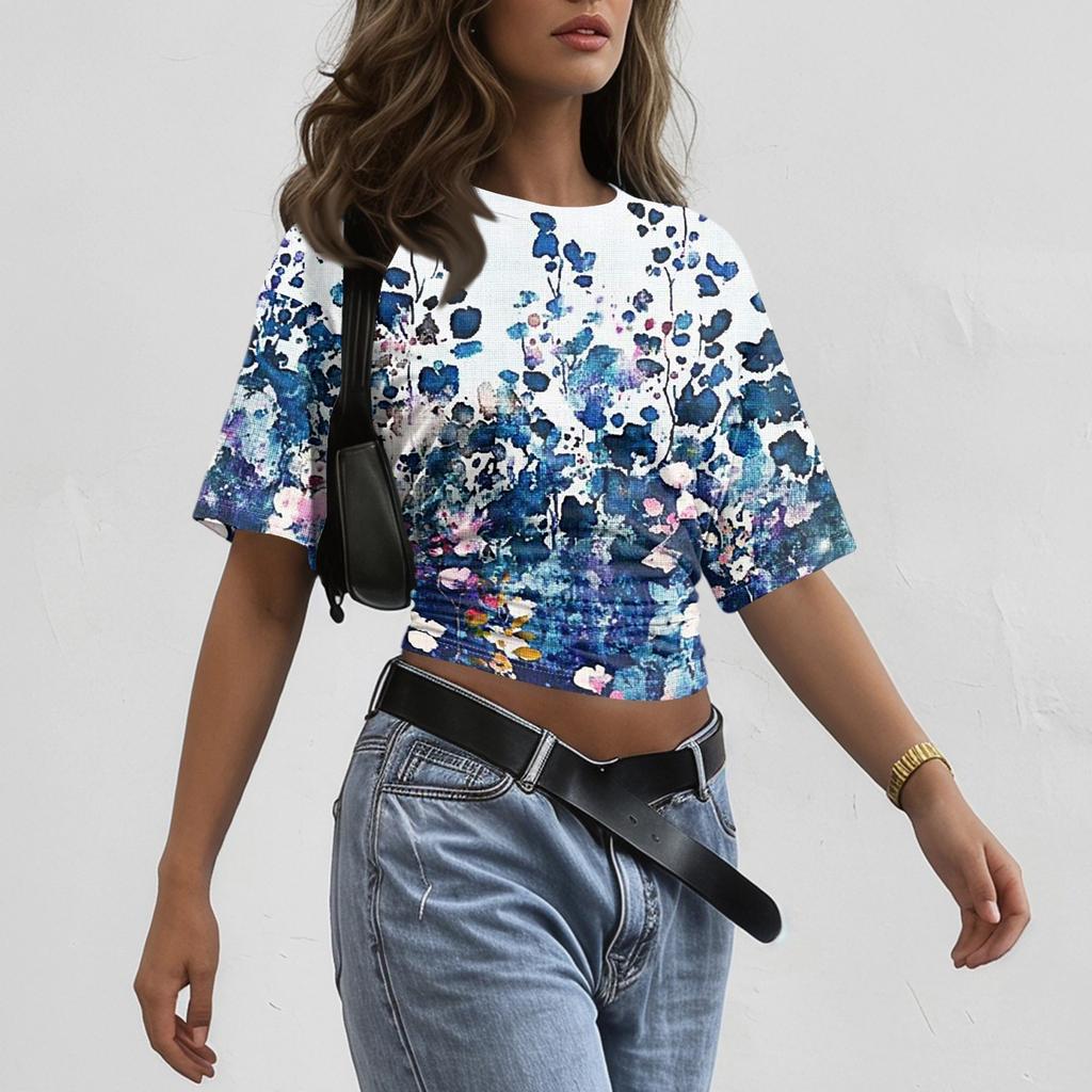 Women's Crew Neck Pullover T-Shirt Floral Print Short Sleeve Casual Loose Fit Top Lightweight Summer Tee