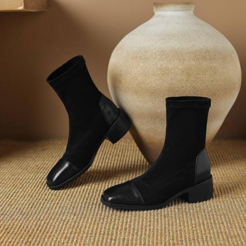 Herbst und Winter Mittelhohe Wildleder Ritterstiefel Damen Bequem Ärmel Quadratischer Absatz Lederstiefel Koreanische Version Quadratische Spitze Gummisohle Med