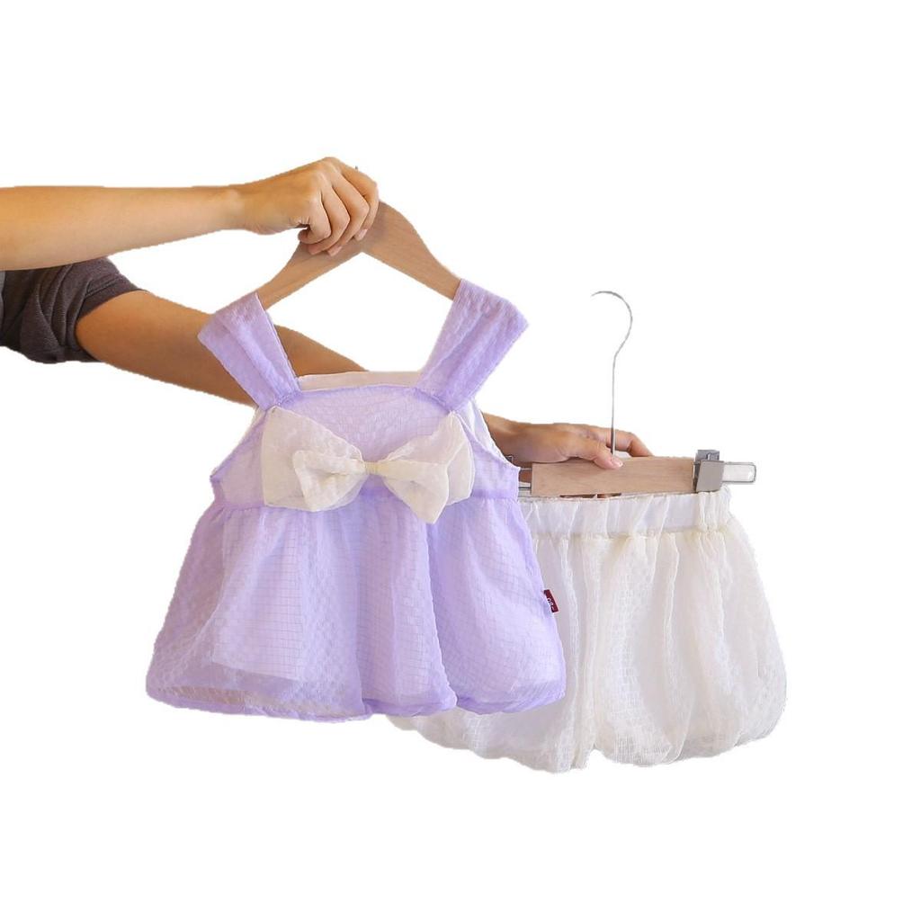 Girls' Summer Big Bow Tulle Skirt Two-Piece Set - Casual Summer Outfit for Baby Girls