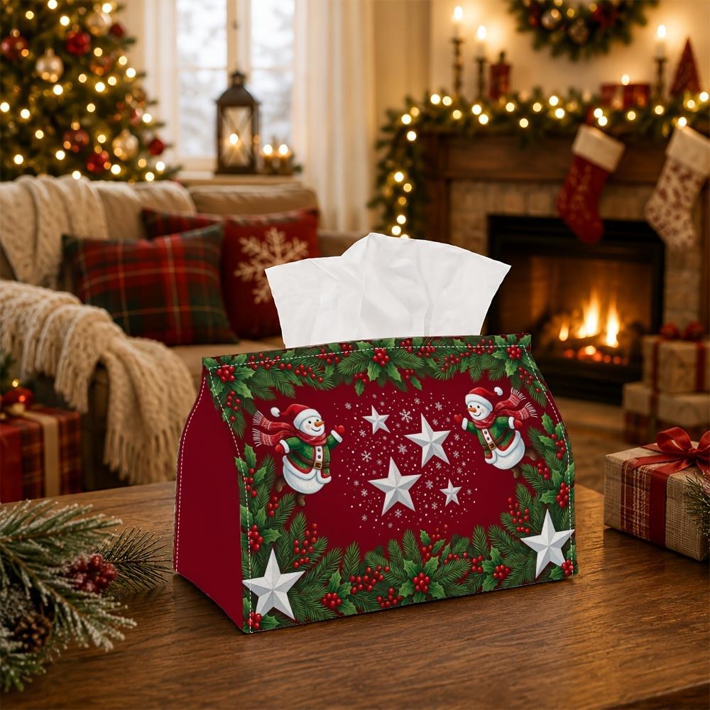 1pc Classic Winter Botanical Tissue Box - Multi-Functional Christmas Napkin Dispenser, Made of Durable Polyester, Decorated with Snowman Star Holly Br