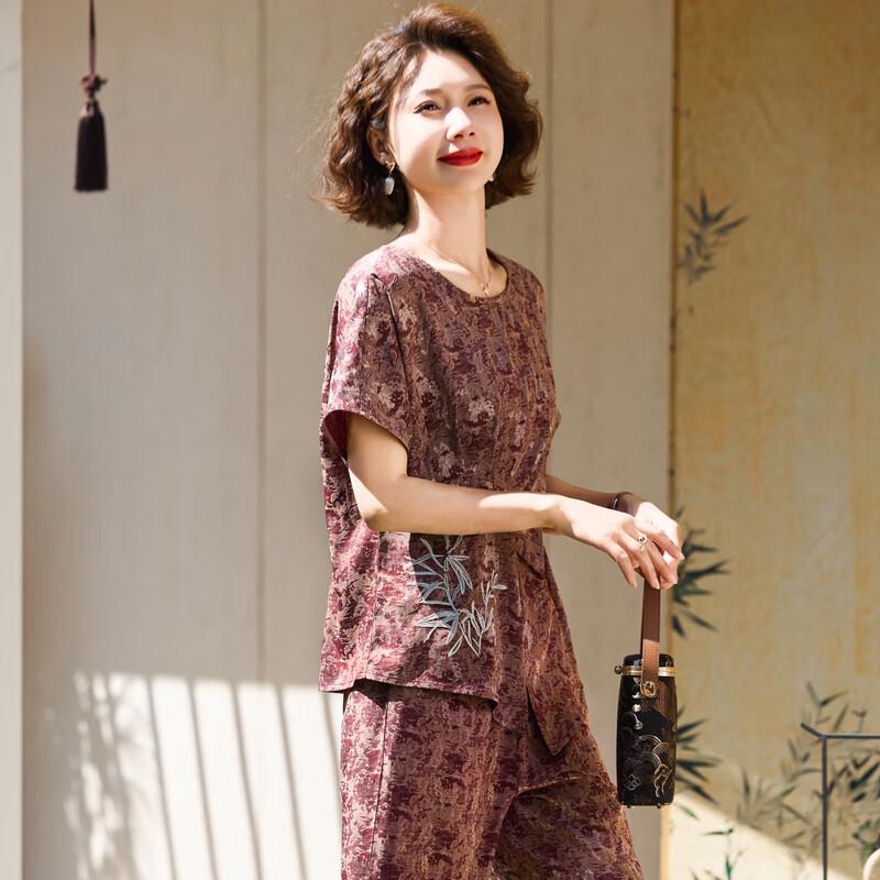 Middle-Aged Women's Floral Print Short-Sleeve Two-Piece Set
